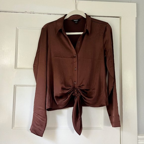 Express Tops - Y2K Express Chocolate Brown Satiny Button Down Shirt